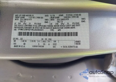 2019 Ford Escape Sel из США, поврежденный, VIN 1FMCU9HD1KUA39331